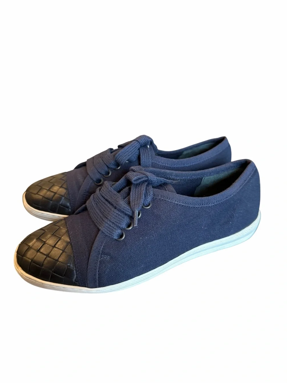 Bottega Veneta Navy Canvas Intrecciato Cap Toe Sneakers EU 34.5